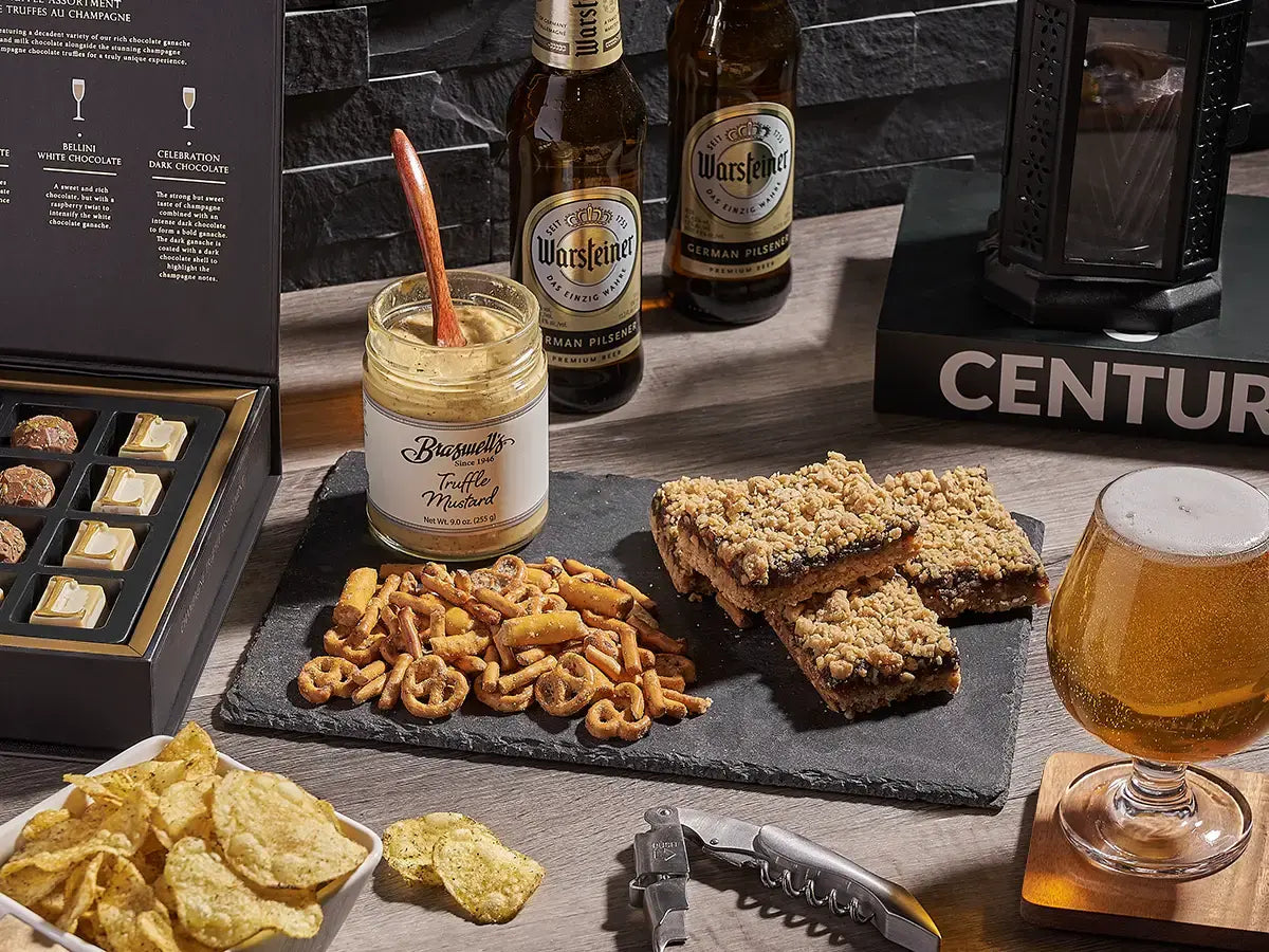 curated gift crate for men with craft beer chocolate snacks and premium packaging