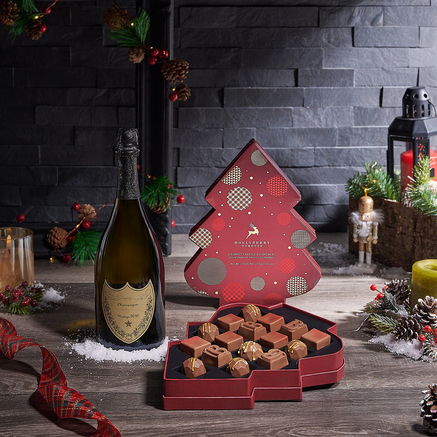 Champagne & Christmas Tree Chocolate Gift, champagne gift, champagne, sparkling wine gift, sparkling wine, chocolate gift, chocolate, christmas gift, christmas, holiday gift, holiday, Canada delivery
