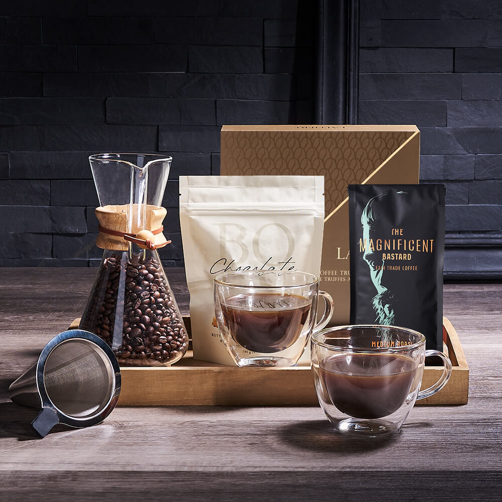 Cozy Pour Over Coffee Gift Tray, coffee gift, coffee, gourmet gift basket, gourmet gift, gourmet, fathers day gift, fathers day