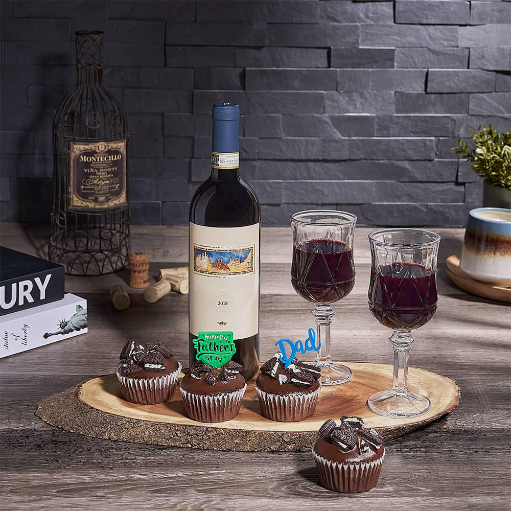 Dad's Double Delight Wine and Cake Gift Set, father’s day gift box, gourmet gifts, gifts, wine, chocolate, cupcakes