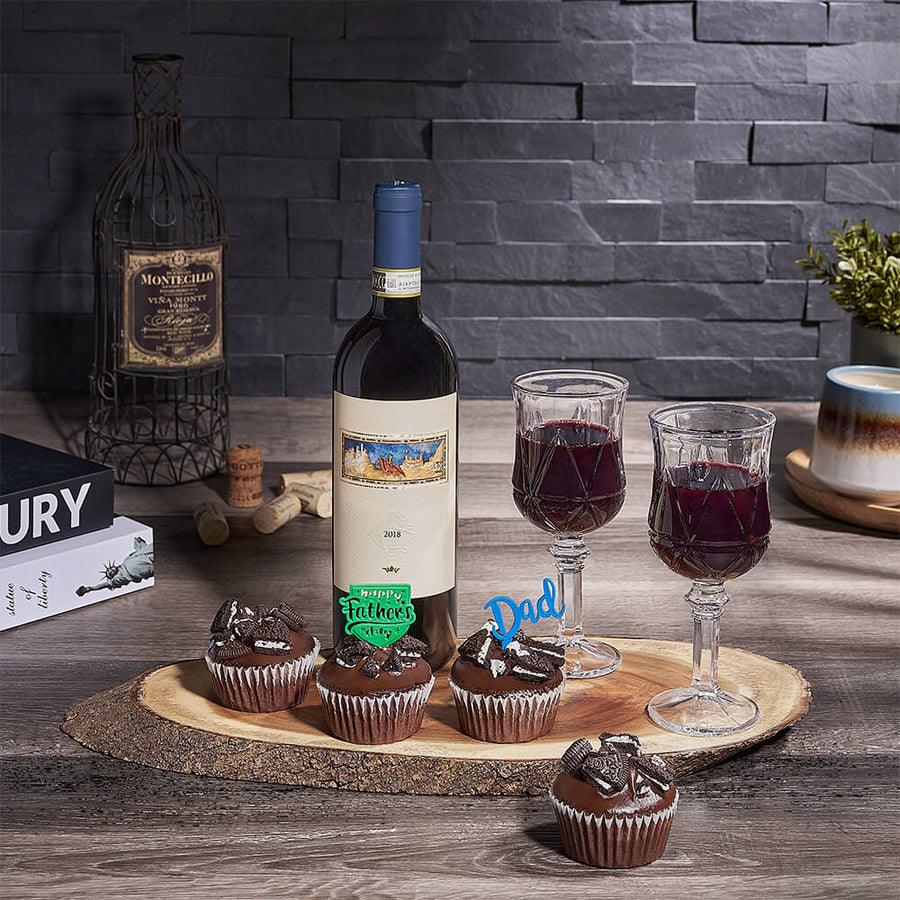 Dad's Double Delight Wine and Cake Gift Set, father’s day gift box, gourmet gifts, gifts, wine, chocolate, cupcakes