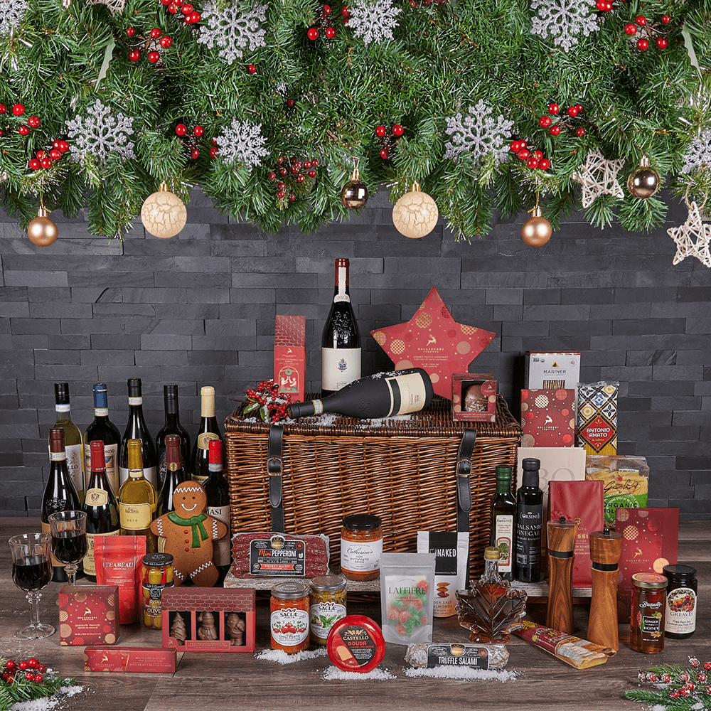 Full Christmas Wine &amp; Treat Basket, christmas gift, christmas, holiday gift, holiday, wine gift, wine, chocolate gift, chocolate, Canada delivery