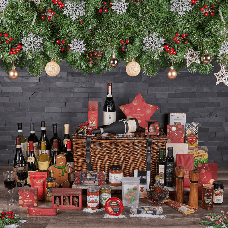 Full Christmas Wine & Treat Basket, christmas gift, christmas, holiday gift, holiday, wine gift, wine, chocolate gift, chocolate, Canada delivery