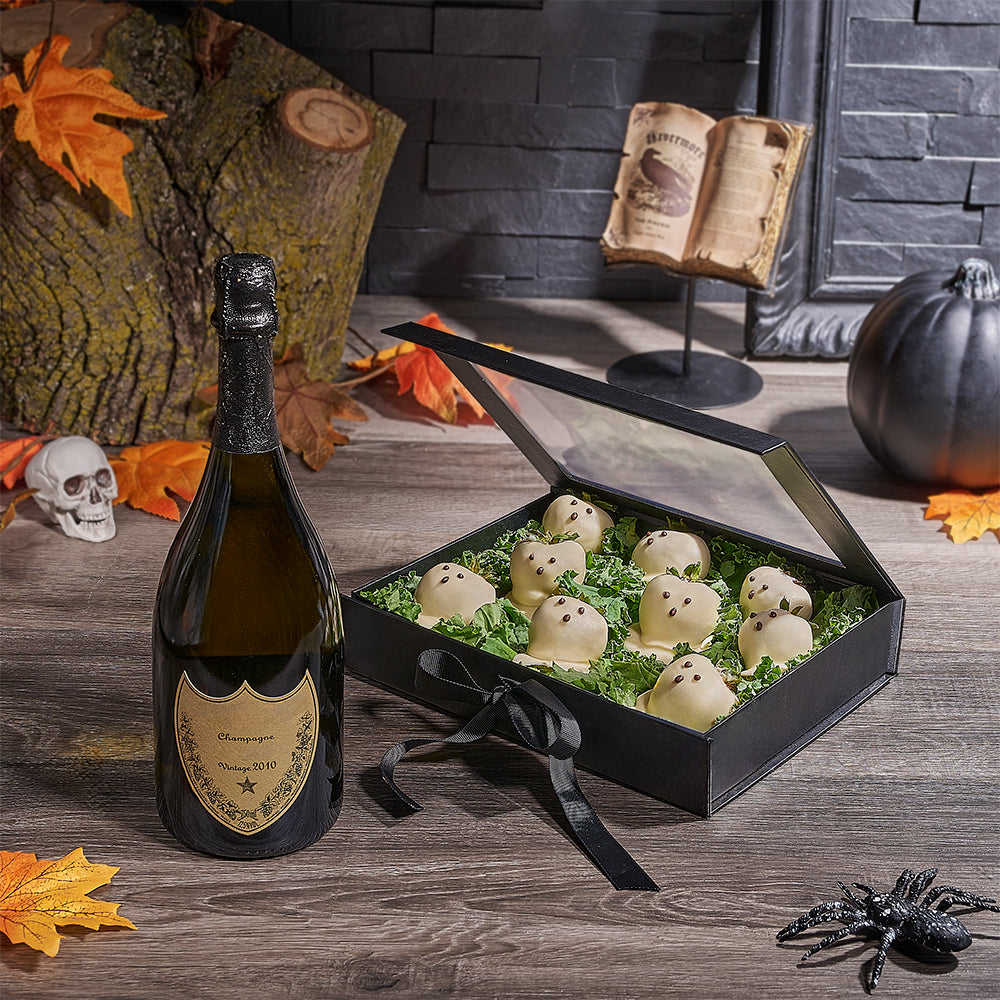 Halloween Chocolate Ghost &amp; Champagne Box, Halloween Snack crate, Halloween gift baskets, halloween, holiday gift, holiday, chocolate dipped strawberries, chocolate covered strawberries, sparkling wine, sparkling wine gift, champagne gift, champagne