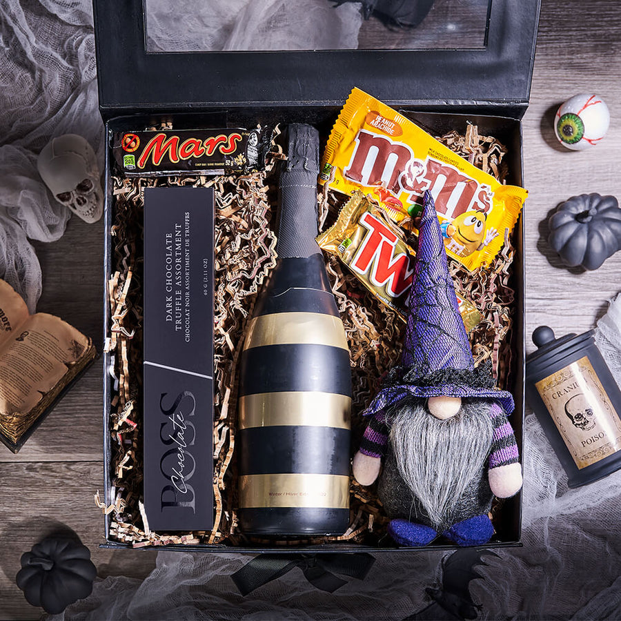 “Here For The Boos” BroCrate, champagne gift, champagne, sparkling wine gift, sparkling wine, gourmet gift, gourmet, halloween gift, halloween, candy gift, candy