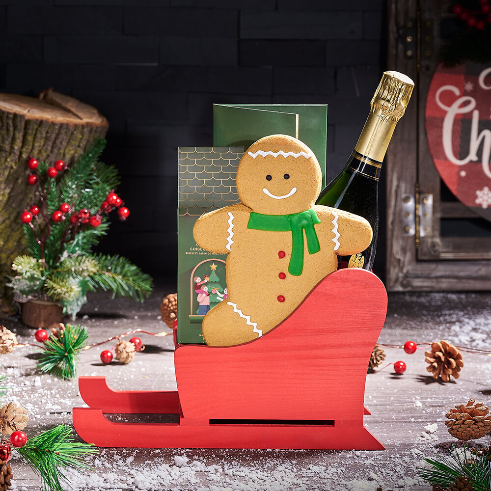 Holiday Gingerbread Gift Sleigh, champagne gift, champagne, sparkling wine gift, sparkling wine, christmas gift, christmas, holiday gift, holiday