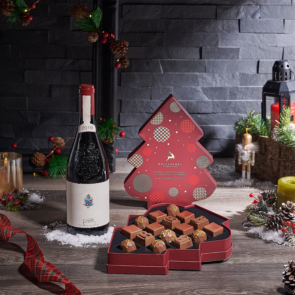Wine & Christmas Tree Chocolate Gift, wine gift, wine, chocolate gift, chocolate, holiday gift, holiday, christmas gift, christmas, Canada delivery