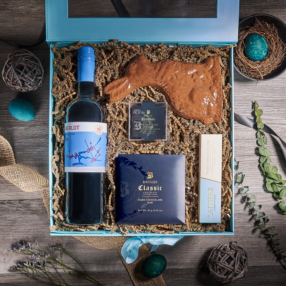 Bunny & Wine Gift Box, chocolate gift, chocolate, wine gift, wine, gourmet gift, gourmet, easter gift, easter