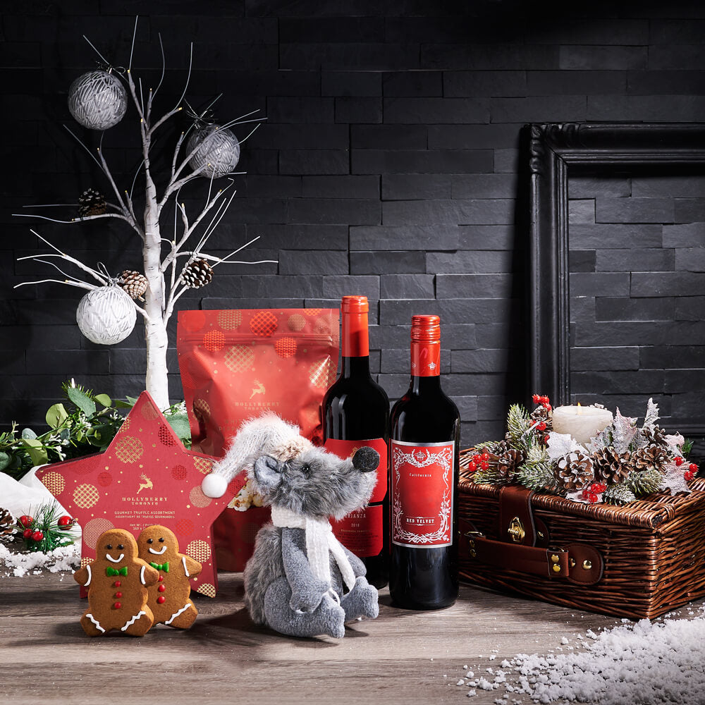 Christmas Mouse Wine Gift Basket, christmas gift, christmas, holiday gift, holiday, gourmet gift, gourmet