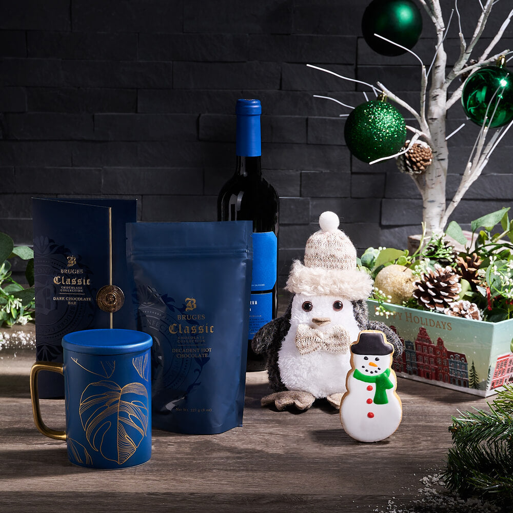 Christmas Penguin &amp; Cocoa Gift Set, christmas gift, christmas, holiday gift, holiday, gourmet gift, gourmet, wine gift, wine, chocolate gift, chocolate