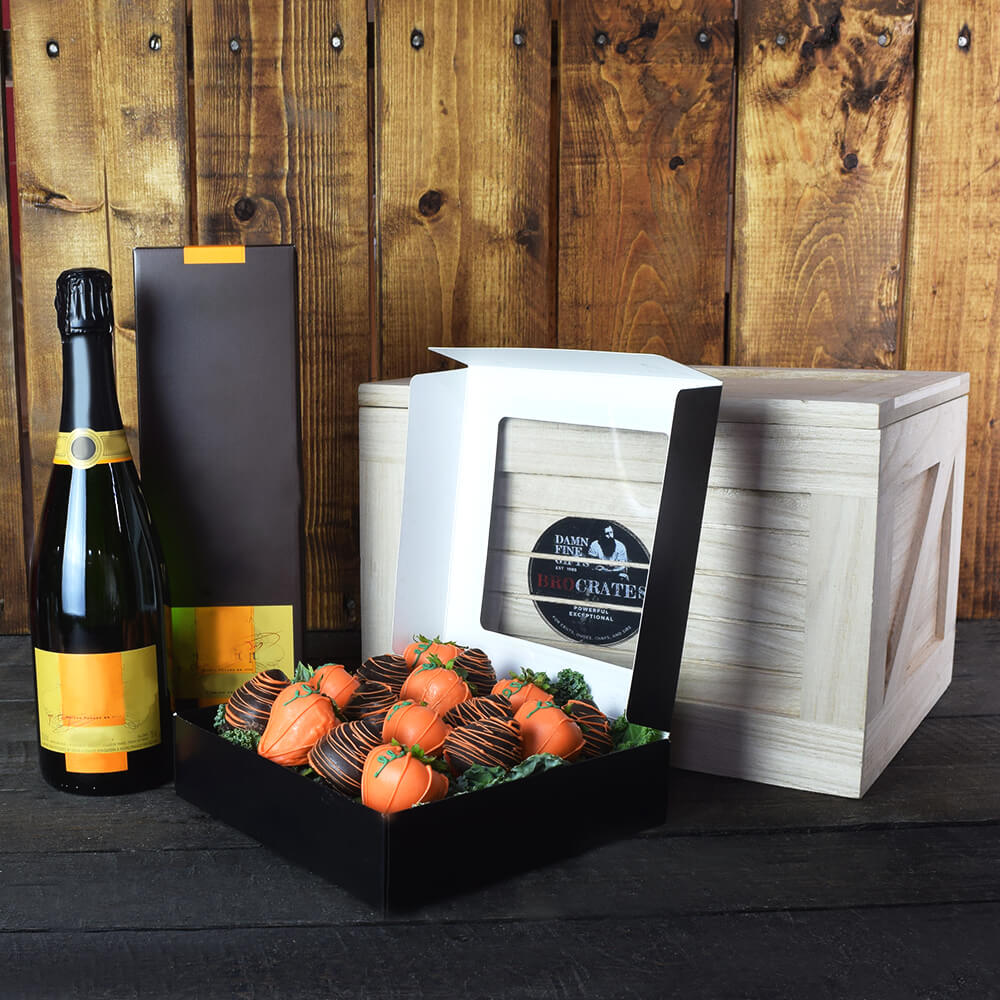 Halloween Chocolate Strawberries &amp; Bubbly Brocrate, Halloween Snacks, Halloween gift baskets
