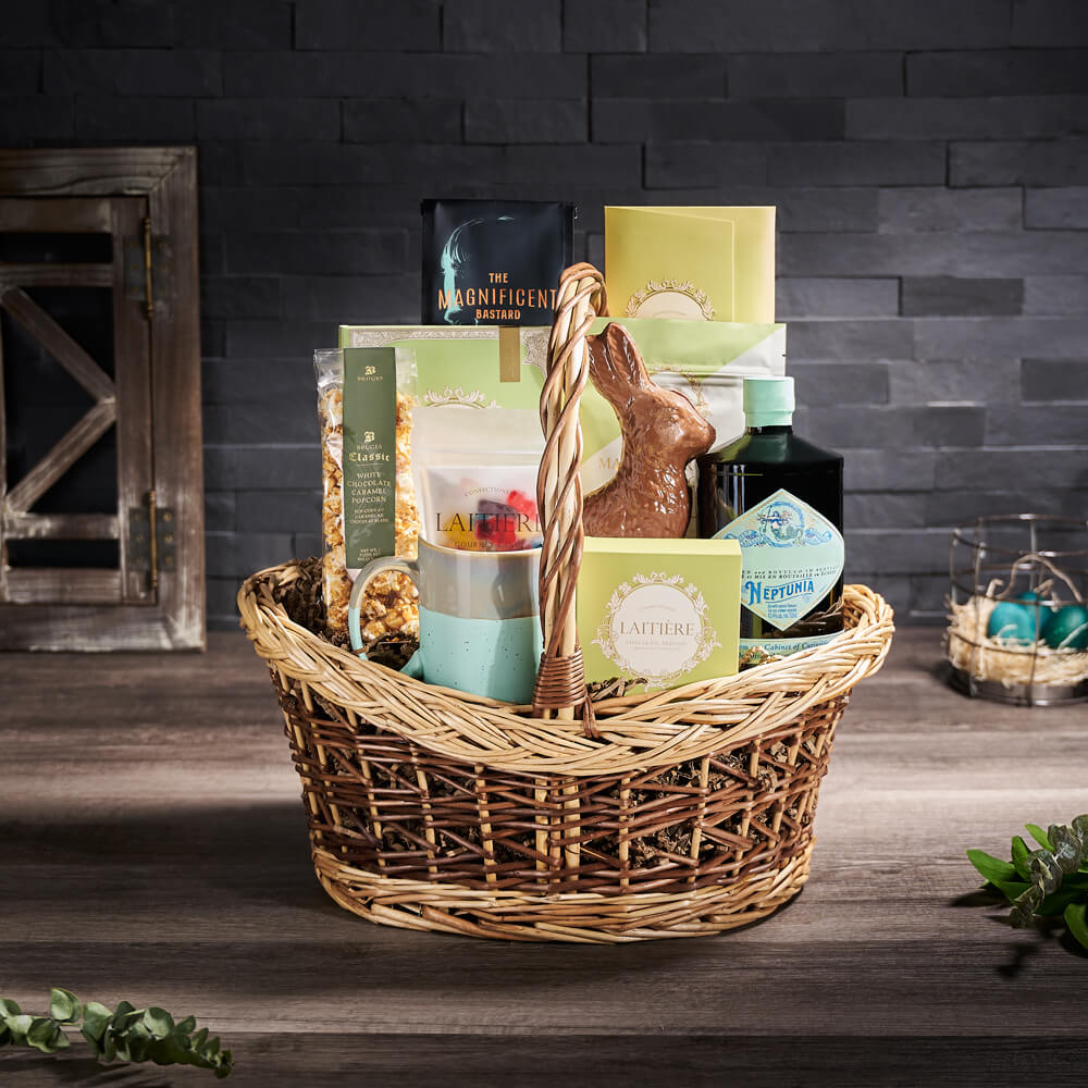 easter gift basket with chocolates and treats
