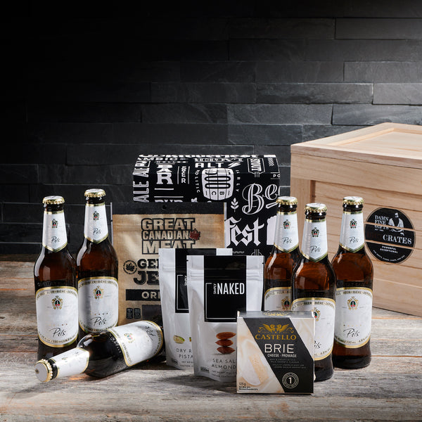 Beer & Nuts BroCrate, Beer gift baskets, gourmet gift baskets, beer gift crates, beer gift sets, gourmet gift baskets, snacks, munchies, beer, beef jerky, nuts, cheese