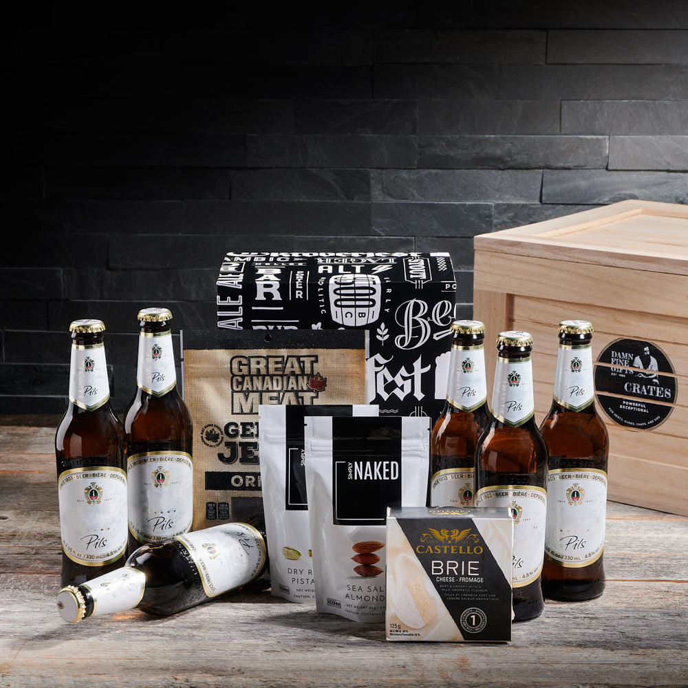 Beer & Nuts BroCrate, Beer gift baskets, gourmet gift baskets, beer gift crates, beer gift sets, gourmet gift baskets, snacks, munchies, beer, beef jerky, nuts, cheese