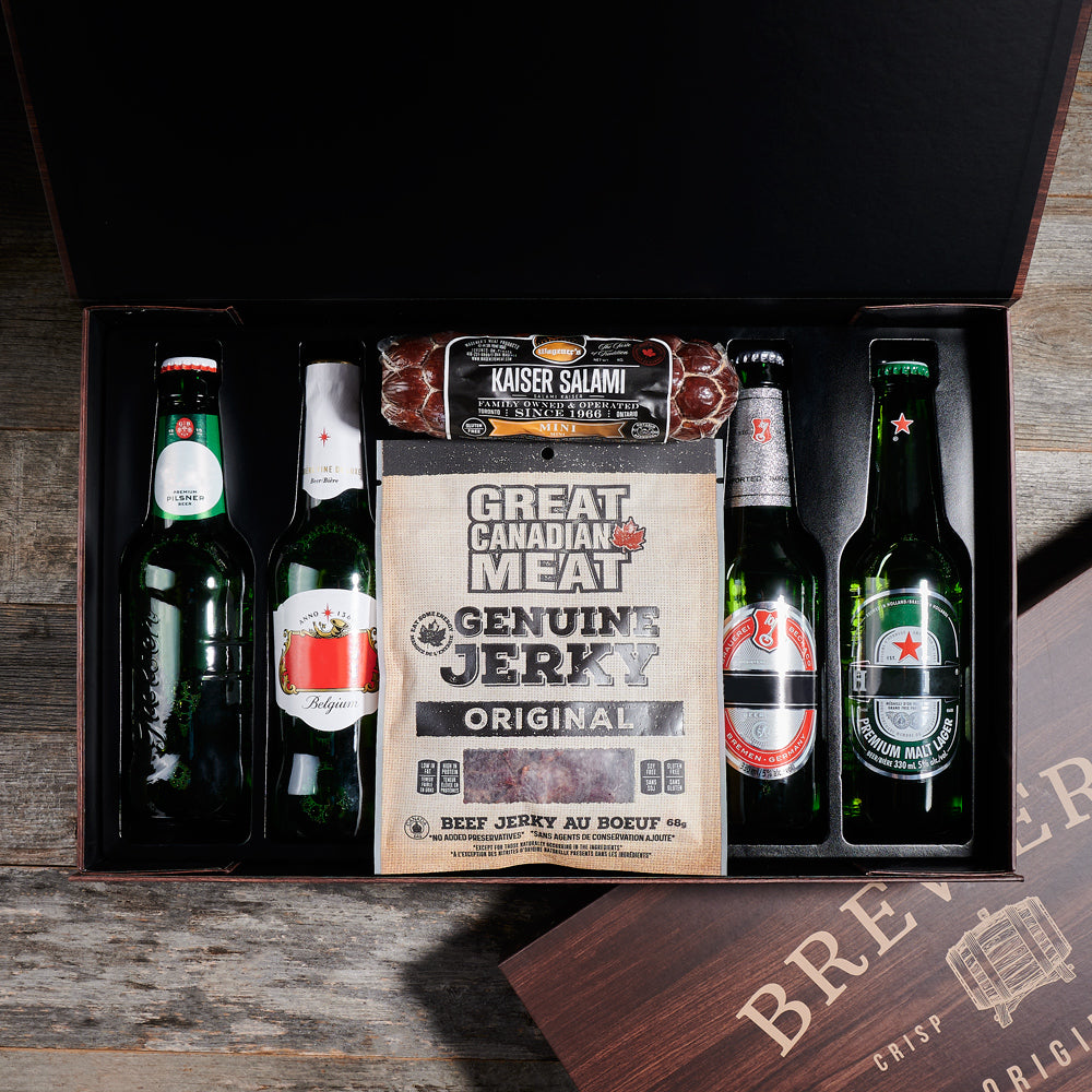 Protein &amp; Beer Gift Box, beer gifts, beef jerky, salami