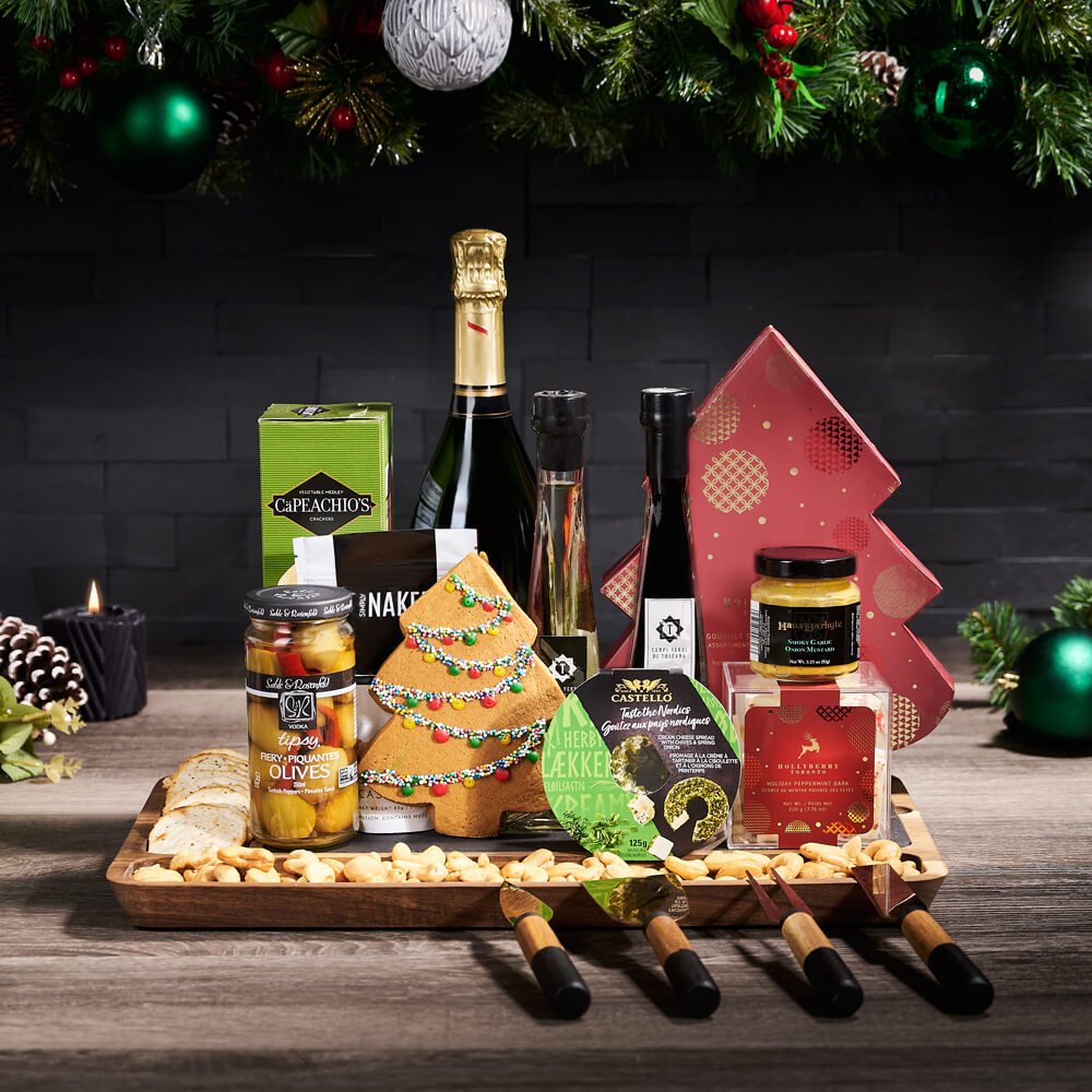 Holiday Appetizer Champagne & Snack Board, christmas gift, christmas, champagne gift, champagne, sparkling wine gift, sparkling wine, gourmet gift, gourmet, cheeseboard gift, cheeseboard