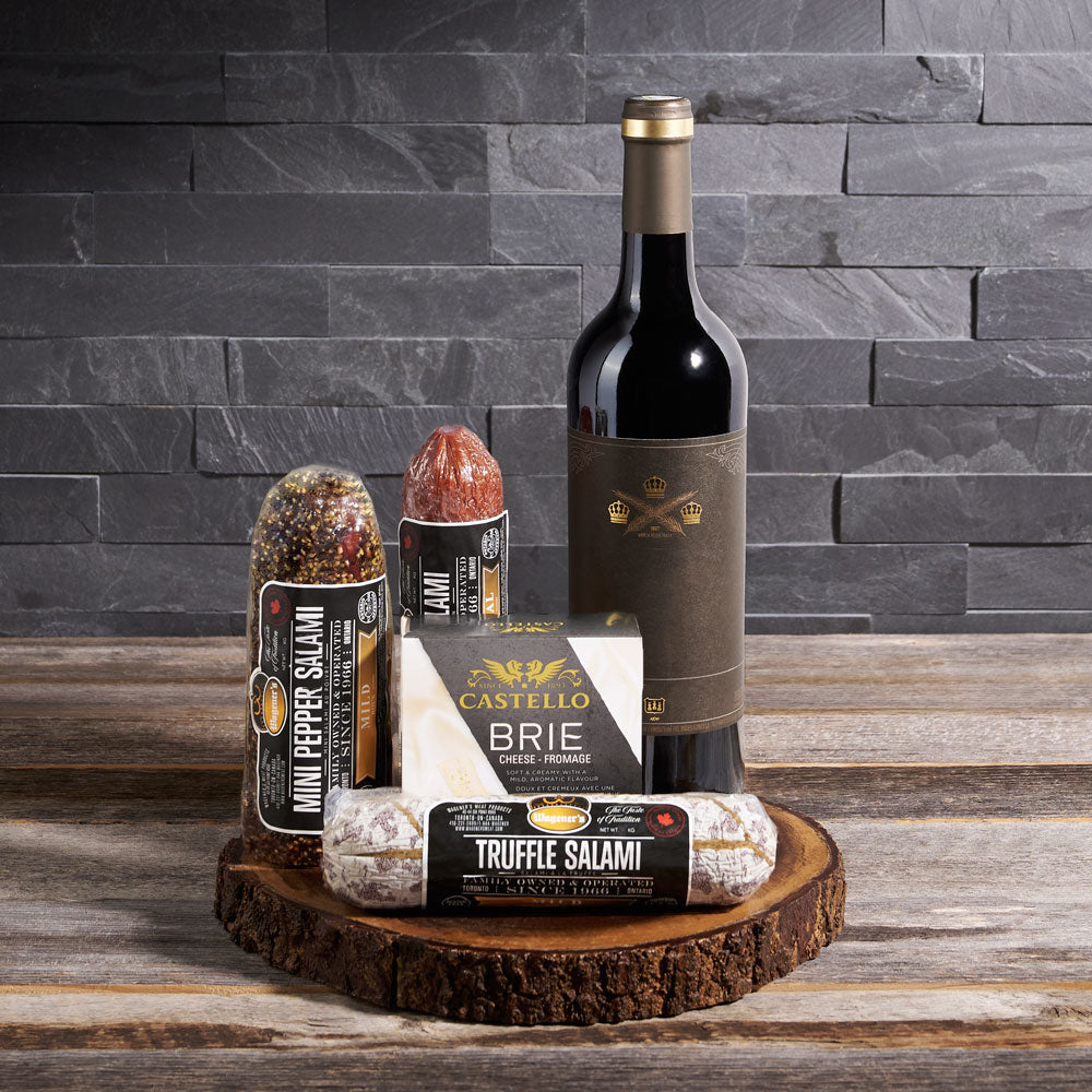 Salami Smorgasbord with Wine, wine gift baskets, gourmet gifts, gifts, wine, salami, cheese, Canada Delivery