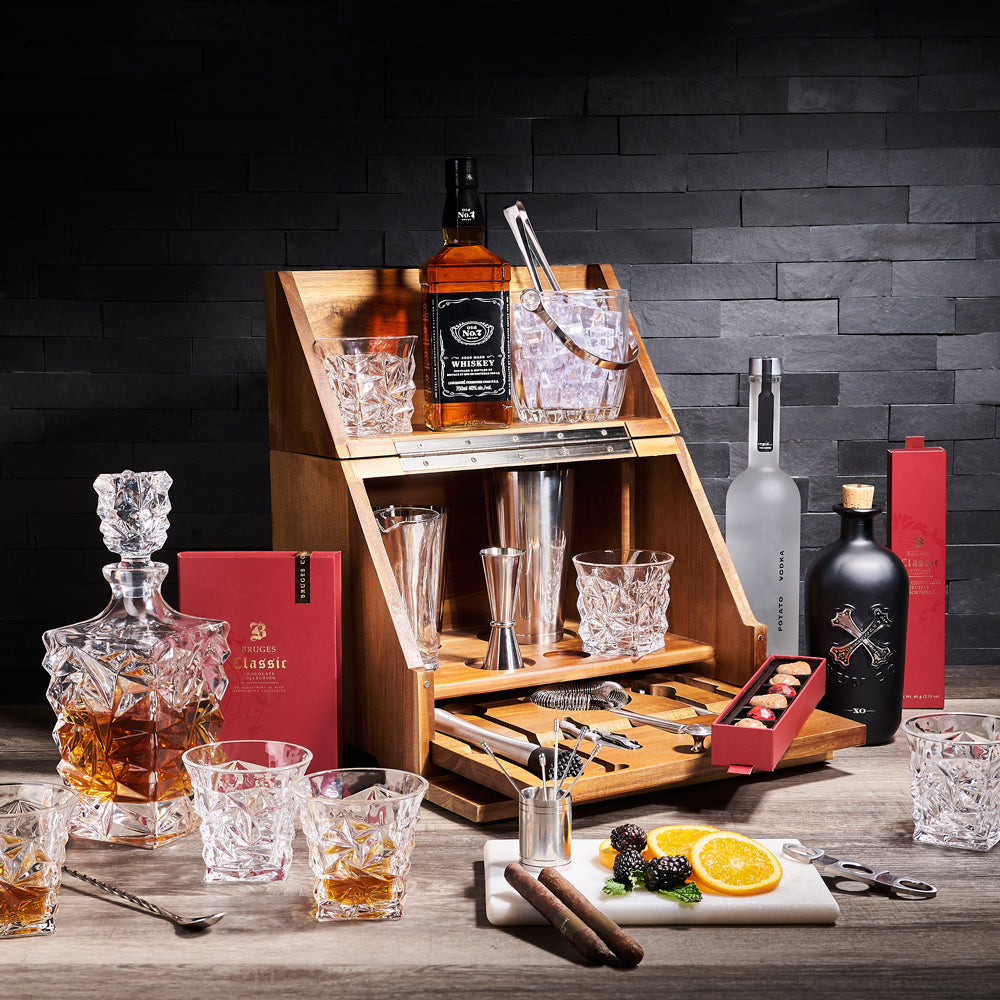 Luxury Mixed Drink & Bar Set, liquor gift, liquor, liquor gift basket, bar gift, barkeeper gift, chocolate gift, chocolate, luxury gift basket, luxury gift