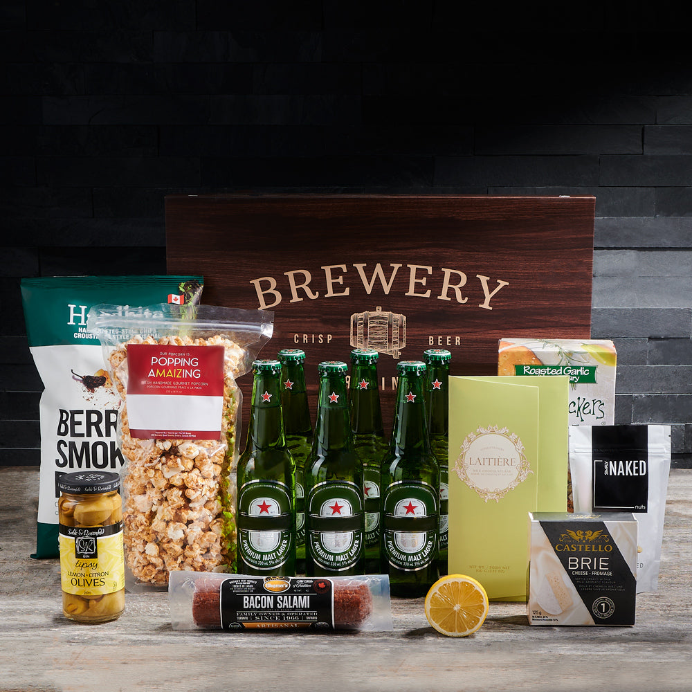 bachelor party gift basket with beer snacks and celebration treats