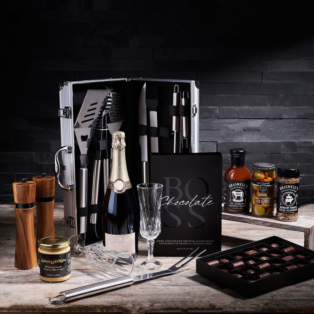 Complete Anniversary Grilling Gift, gourmet gift set, champagne gift, sparkling wine gift