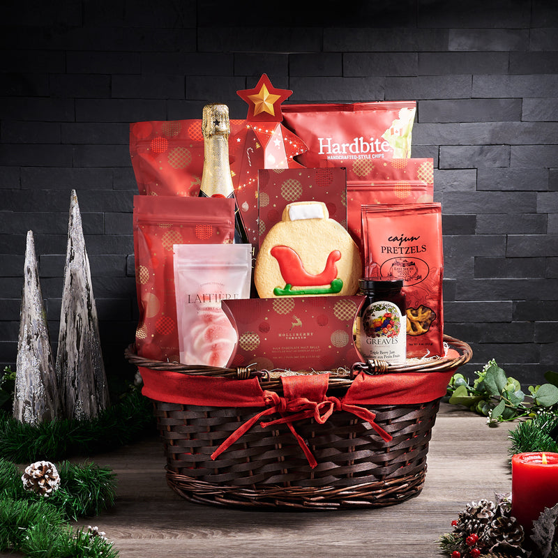 Holly Jolly Champagne Gift Basket, popcorn,  beet chips,  jam,  pretzels,  candy,  Chocolate,  cookies,  Champagne Gift Basket,  Champagne,  Sparkling Wine,  christmas gift basket delivery, delivery christmas gift basket, champagne basket canada, canada champagne basket, toronto