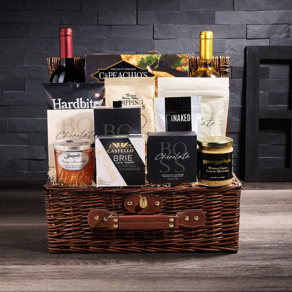Gourmet Wine & Treat Picnic Basket, chocolate, wine, wine gift basket, gift basket, basket, gift, goodies, pretzel, popcorn, chips, shortbread, cookies, delivery, CA