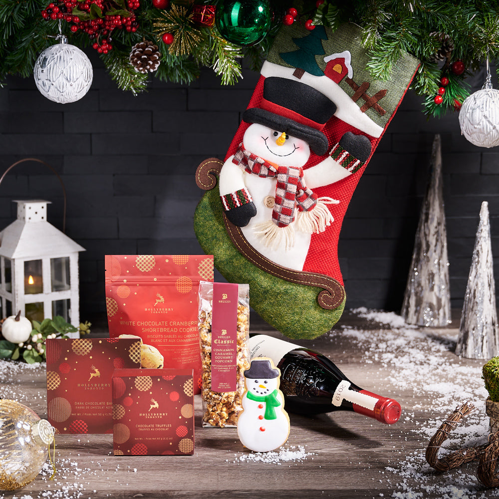 Festive Snowman Stocking Gift Set with Wine, christmas gift basket, christmas gift, christmas, gourmet gift, gourmet, wine gift, wine, holiday gift, holiday