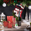 Festive Snowman Stocking Gift Set with Champagne, gourmet gift, gourmet, christmas gift basket, christmas gift, christmas, holiday gift basket, holiday gift, holiday, champagne gift, champagne, sparkling wine gift, sparkling wine