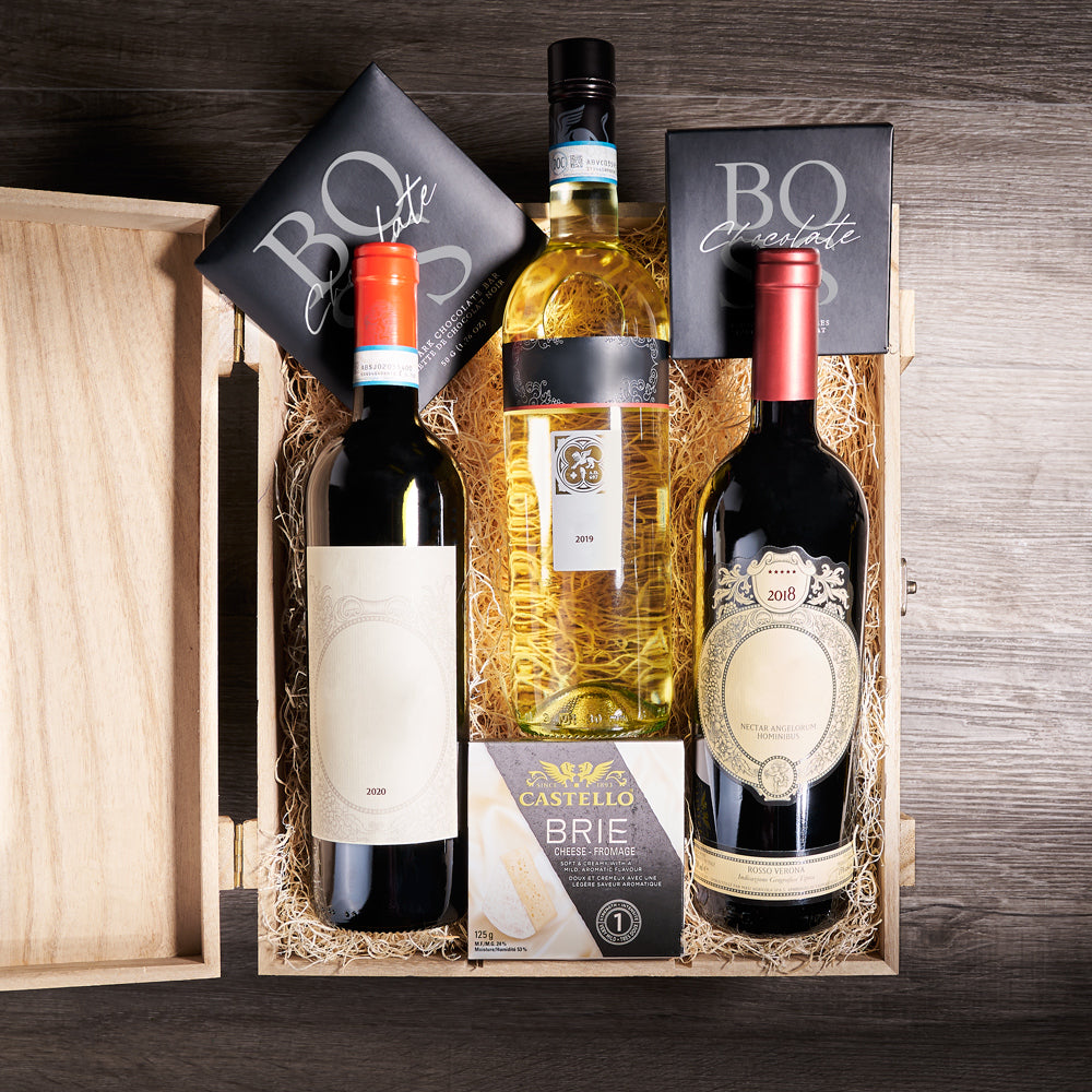 Trio Wine &amp; Gourmet Gift Box, wine gift, wine, wine trio, three wine gift, chocolate, chocolate gift, cheese gift, cheese