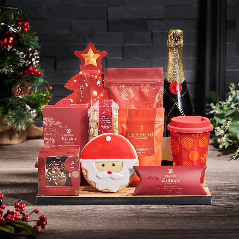 Warm Holiday Beverage & Champagne Board, christmas gift, christmas, holiday gift, holiday, sparkling wine gift, sparkling wine, champagne gift, champagne, tea gift, tea, cookie gift, cookie