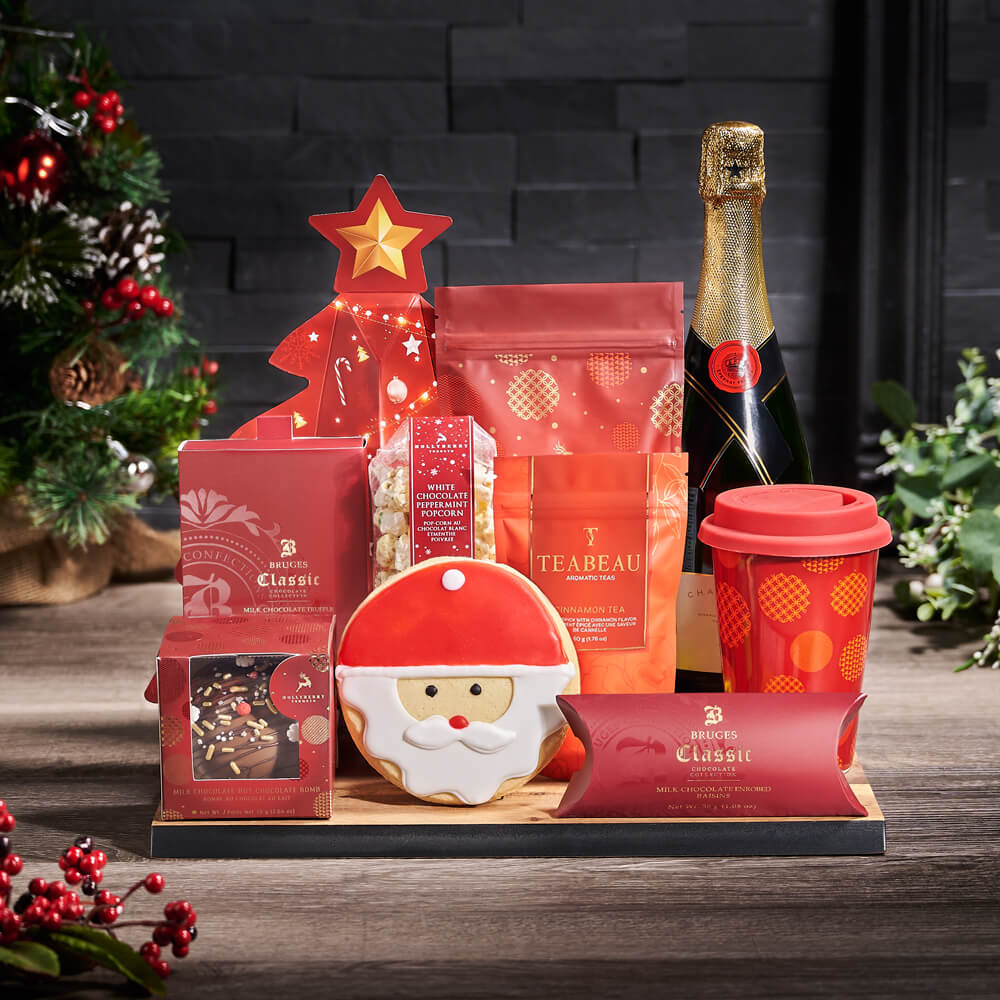 Warm Holiday Beverage & Champagne Board, christmas gift, christmas, holiday gift, holiday, sparkling wine gift, sparkling wine, champagne gift, champagne, tea gift, tea, cookie gift, cookie